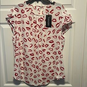 White and Red Lip Print Blouse with Tulip Sleeve